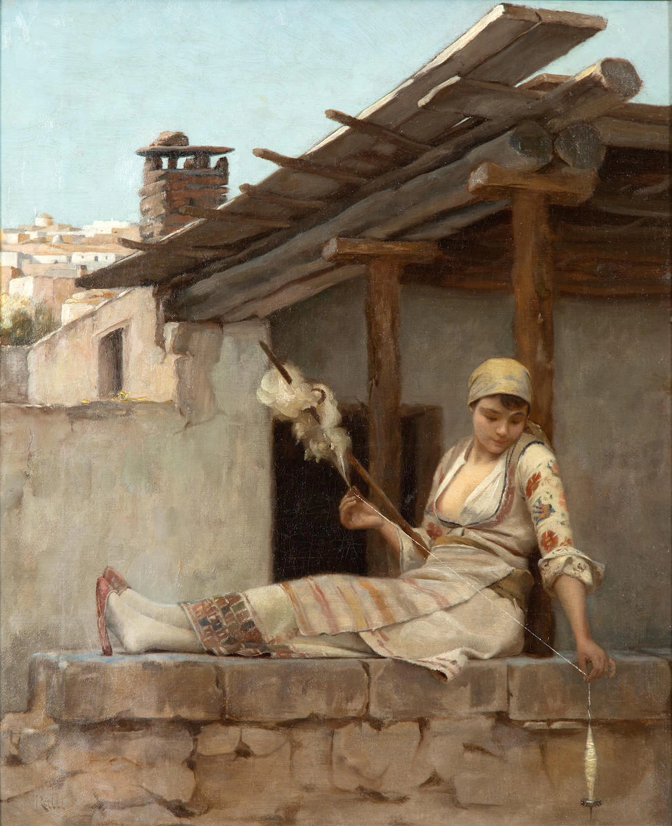 Theodoros Rallis - Ragazza seduta su un muro di pietra, che fila la lana